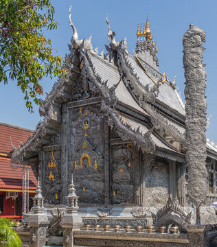Chiang Mai, Thailand-February 10, 2026;  Wat Sri Suphan known as the Silver Temple showcases the meticulous hand-tooled metalwork of local Lanna artisans. 