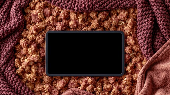 Flat lay of a digital device resting on a bed of crunchy snacks and soft textiles.