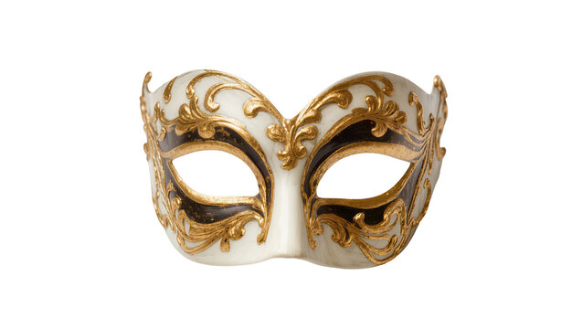 Ornate white and gold Venetian masquerade mask with black accents, isolated on transparent background
