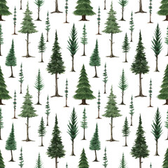 Fototapeta premium Watercolor rustic pine forest seamless pattern. Hand drawn autumn, summer illustration for greeting cards, posters, mugs. Cottagecore vibes