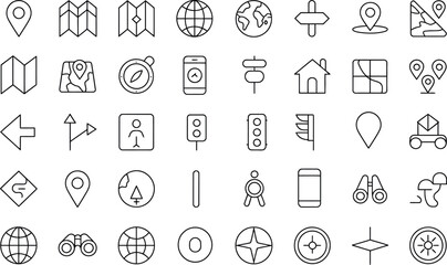 Navigation and geographic map line icons for travel planning hiking apps and road guidance. Vector Illustration © Abdul