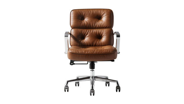 Tufted brown leather executive office chair with chrome accents, isolated on transparent background