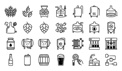 Fototapeta premium Craft Beer Brewing Process Icon Set Production Stages Thin Line Editable Stroke Vector Collection
