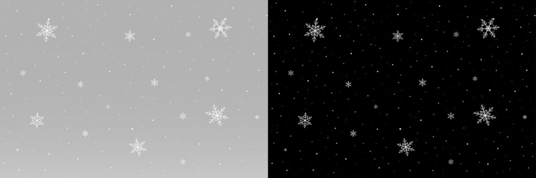 Snowfall with beautiful white snowflakes gently falling and scattered across the winter scene