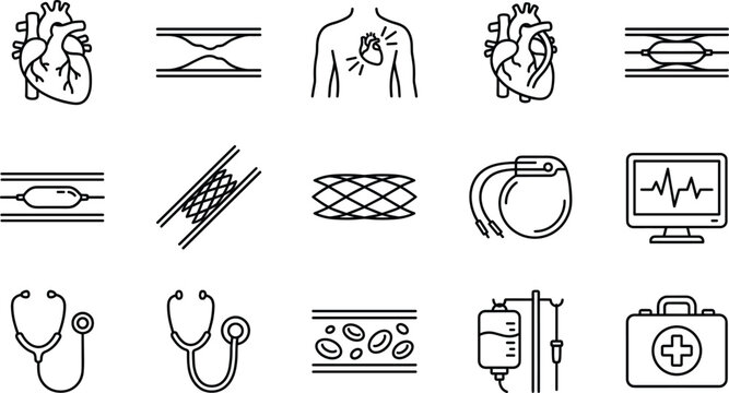 Cardiology and cardiac surgery line icon set with heart disease angioplasty stent pacemaker and monitor equipment