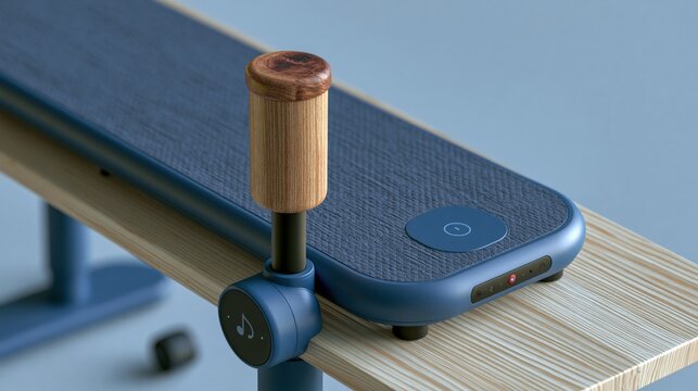 Minimalist portable device with wooden knob rests on a textured surface.
