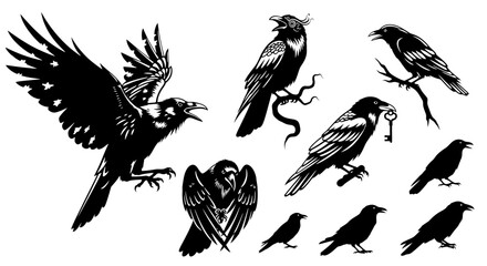 Obraz premium Vintage black crow and raven vector set, gothic bird silhouettes and woodcut illustrations, mystical corvid graphics for halloween and occult design