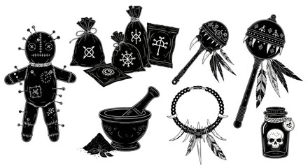 Voodoo magic ritual icons set, black and white occult voodoo doll with pins, mystical shamanic tools and witchcraft equipment vector collection © MST. ASIA KHATUN