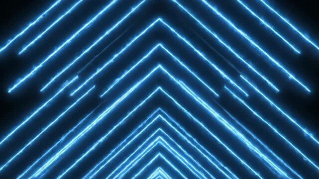 Glowing blue neon chevrons stacked vertically against a dark black background, featuring electric light textures and upward pointing geometric arrows for futuristic motion graphics.