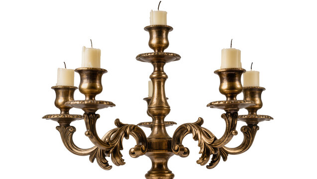 Antique brass five-arm candelabra with cream candles, isolated on transparent background