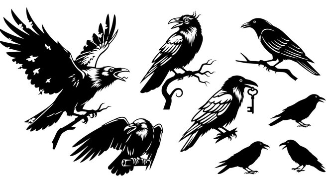 Vintage black raven vector set, gothic crow illustrations with key and branches, mystical bird silhouettes for halloween and occult design