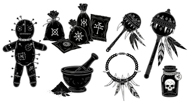 Voodoo magic ritual icons set, black and white occult voodoo doll with pins, mystical shamanic tools and witchcraft equipment vector collection