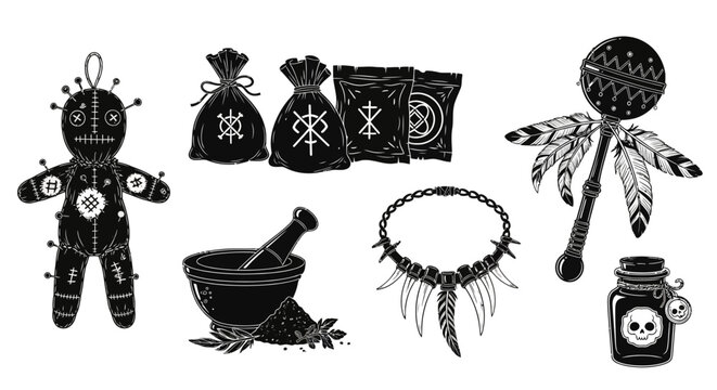 Voodoo magic ritual icons set. Black occult voodoo doll and shamanic tools. Witchcraft spiritual objects vector collection for halloween.