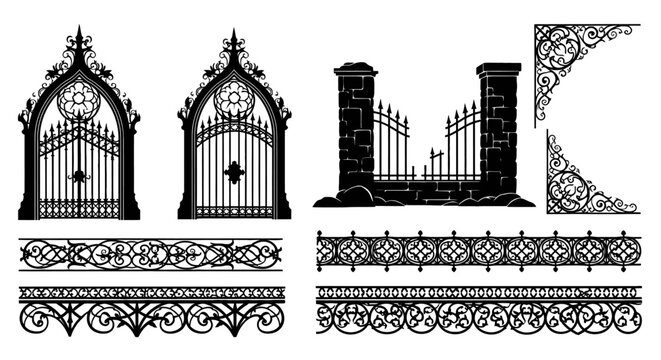 Gothic wrought iron gate and fence vector set, ornate architectural metal silhouettes, vintage cemetery entrance and decorative borders