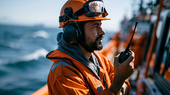 Rear view of a seaman bosun on the deck of an offshore vessel wearing full personal protective equipment helmet coverall lifejacket and goggles holding a walkie talkie radio