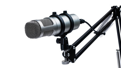 Silver condenser microphone with black boom arm, isolated on transparent background © Viktor