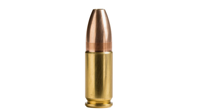 Single brass and copper bullet cartridge, isolated on transparent background