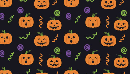 Obraz premium Halloween seamless pattern with scary and funny carved pumpkins and colorful swirls on a dark background vector.