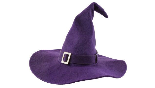 Purple felt witch hat with silver buckle, isolated on transparent background