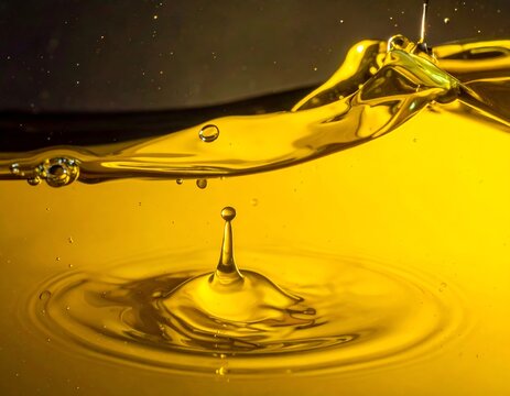 Close up of a golden oil drop splashing in a liquid surface with ripple
