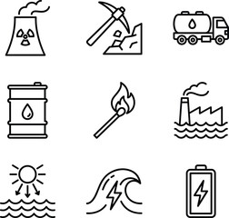 Fototapeta premium Industrial energy and power generation line icon set with nuclear factory oil barrel solar and battery
