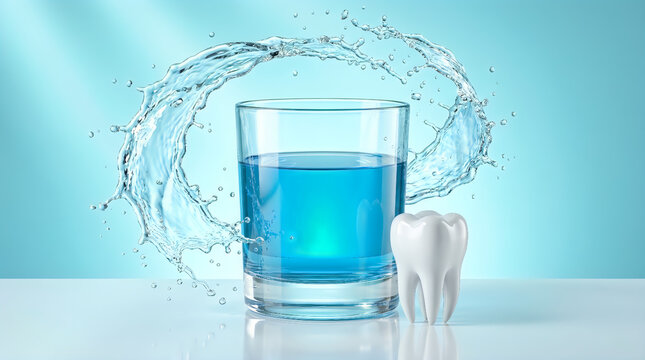 Fresh Dental Care Concept with Tooth and Blue Water Splash in Clean Minimal Product Photography
