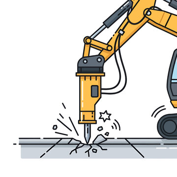 A yellow construction machine breaking concrete pavement with a heavy hydraulic hammer