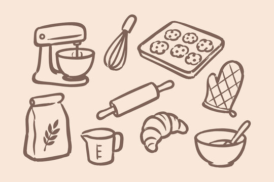Baking Tools and Pastry Doodle Sketch Vector Illustration