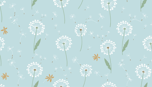 Seamless pattern of hand drawn white dandelions with flying windblown seeds on a soft pastel blue background.