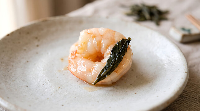 Single Plump Juicy Stir-Fried Shrimp Garnish with Fresh Longjing Green Tea Leaf Served on Rustic Ceramic Plate Close-Up