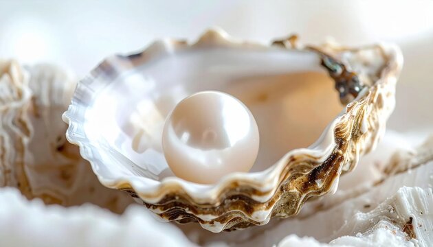 Beautiful luminous white pearl resting inside an open iridescent oyster shell, macro shot with soft lighting and generous copy space for text or design