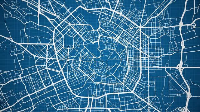 Ink reveal animation of Milan city, Lombardy, Italy, grid map. Aerial top view. Blueprint style. White lines with blue background. 4K Seamless loop.