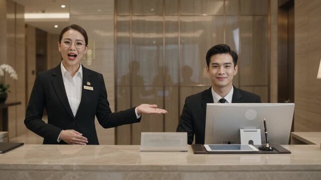 Professional Asian hospitality staff welcoming guests at a luxury hotel reception desk with a smile and helpful gesture