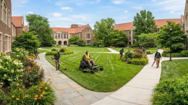 Landscaping crew meticulously maintains a lush university campus lawn and gardens