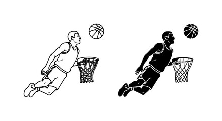 Basketball Player Dunking Vector Set, Silhouette and Outline, Sports Action Illustration © Kamal