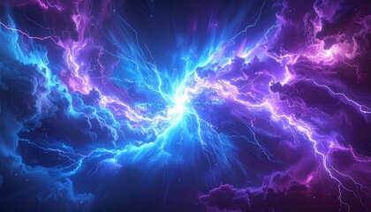Fototapeta premium 宇宙空間での青と紫の稲妻とネビュラが中心から広がる強烈なエネルギー爆発、SF調背景素材