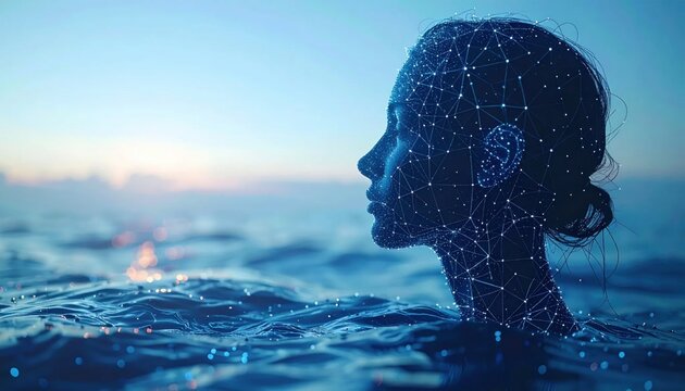 Futuristic digital woman profile emerging from the ocean with glowing neural network mesh at sunset, artificial intelligence and technology concept with ample copy space