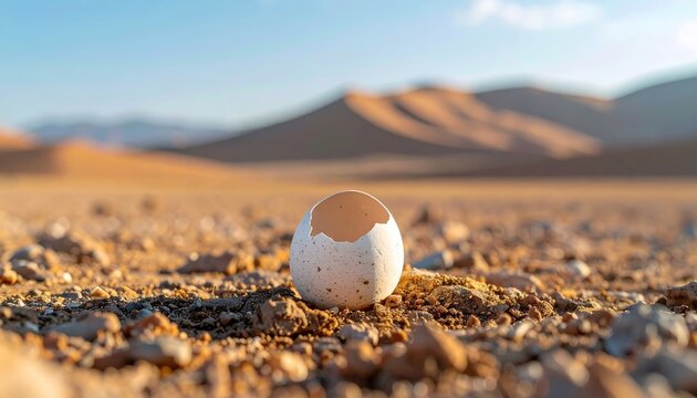 Cracked bird eggshell on rocky desert soil with sand dunes and sky background with copy space
