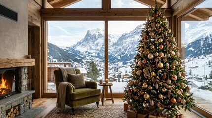 Obraz premium Cozy Christmas cabin with a roaring fire and stunning snowy mountain views