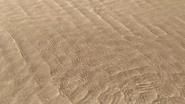 A tranquil view of gentle, sundrenched water ripples flowing over golden sand at a pristine beach. This serene scene, with nobody present, evokes feelings of peaceful, meditative coastal calm.
