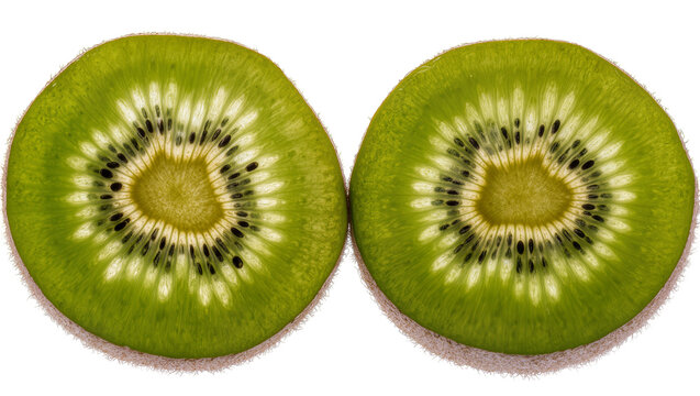 Two vibrant green kiwi fruit slices with black seeds, isolated on transparent background