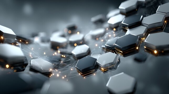 Abstract hexagonal shapes connected by glowing lines and particles, creating a futuristic and technological feel