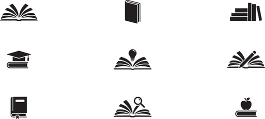 Fototapeta premium Set of black silhouette book icons representing learning, knowledge. silhouette vector illustration