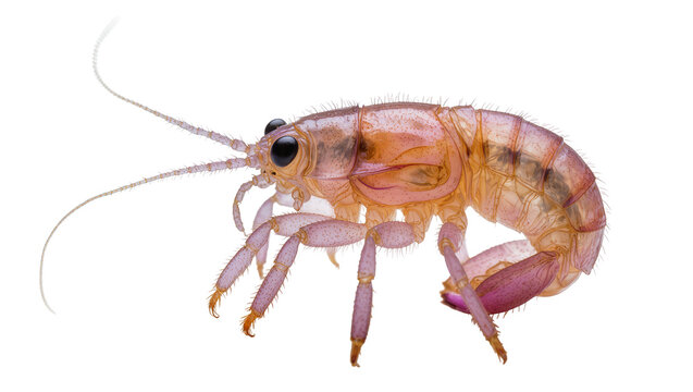 Translucent pink amphipod crustacean with black eyes, isolated on transparent background
