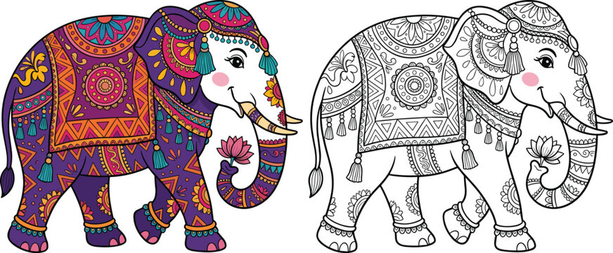 Mandala Elephant Vector Set Featuring Colored and Outline Formats with Intricate Ethnic Tribal Patterns, Tassels, and Lotus Flower for Adult Coloring Pages