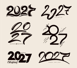 Obraz premium Collection of Happy New Year 2027. Handwritten Happy New Year 2027 lettering with festive calligraphy, decorative sparkles and editable vector typography. 2027 number logo.