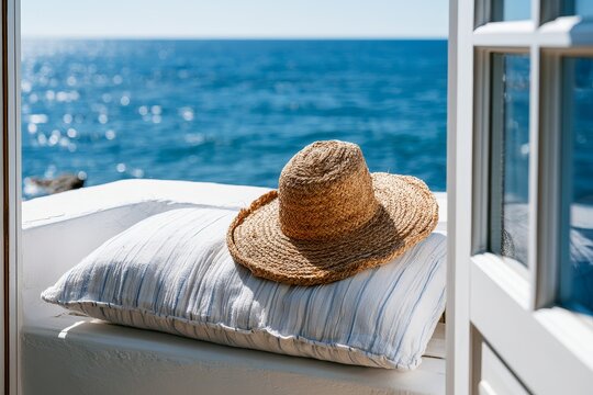 A white built-in bench on a coastal villa terrace and straw hat on cushion, framed through an open doorway or window.