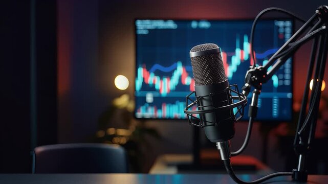 Professional condenser microphone setup in a modern recording studio room, with a dynamic stock market trading graph displayed on a large monitor in the background, symbolizing financial analysis