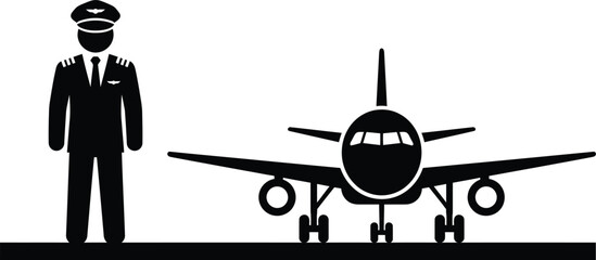 A black and white icon illustration featuring a professional airplane pilot standing next to a commercial jet aircraft © Rahima