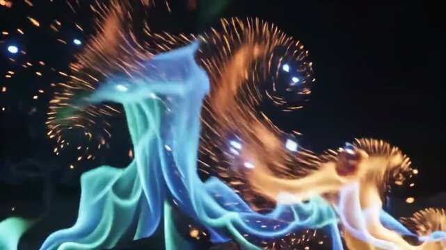 Vibrant blue and green electric fire flames dancing against a dark black sky with floating burning embers and sparks